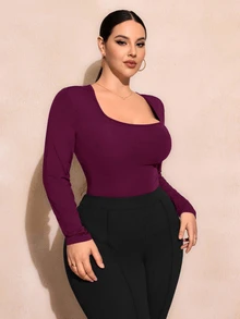 SHEIN SXY 大尺碼女款純色休閒日常長袖緊身連身衣 - 中紫紅色 - 查看 4