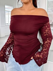 GalTyme 大尺碼女款露肩蕾絲修身百搭休閒T恤 - 酒紅色 - 查看 1