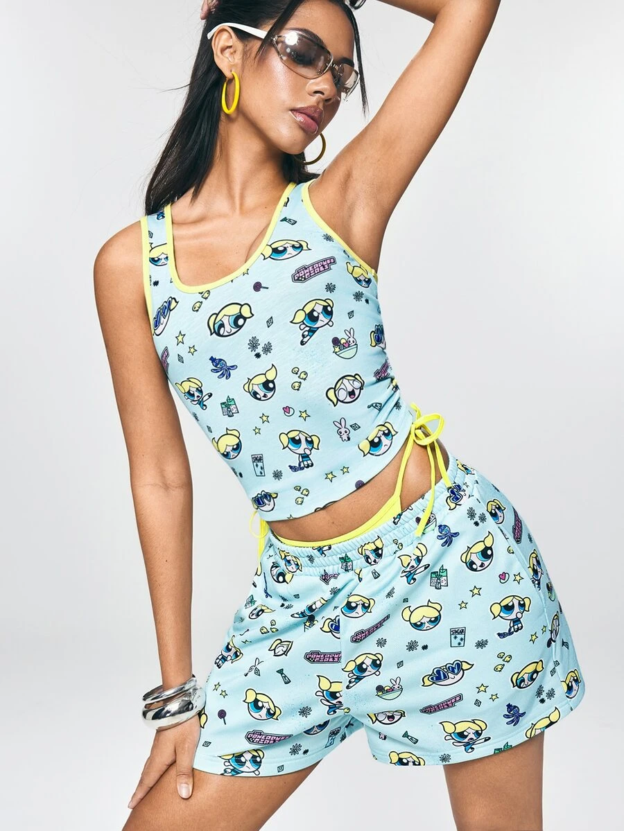THE POWERPUFF GIRLS X SHEIN Women's Trim Tank Top And Shorts Casual 2 Pieces Set - Cadet Blue - View 1