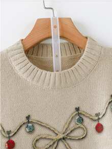SHEIN LUNE Plus Size Christmas Vintage Reindeer Light String Knitted Top, Cute, Everyday Retro High-End Loose Fit Slouchy Casual Festive Reindeer Design Sweater - Apricot - View 4