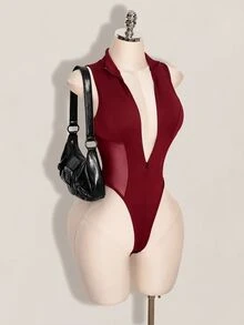 SHEIN ICON Y2K 女款萬聖節黑色性感時尚拉鍊網紗拼接連身衣 - 酒紅色 - 查看 3