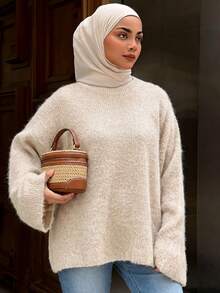 DAZY Women's Loose Casual Round Neck Long Sleeve Dropped Shoulder Solid Coffee Color Slouchy Sweater, Autumn/Winter - Beige - View 6