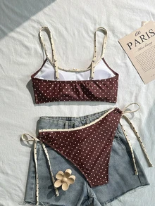 Swim Mod New Women's Swimsuit Set Summer New Sweet Beach Outfit Versatile 2 Pieces Set Beige-Brown Bikini Set Popular Beige-Brown Polka Dot Print Ruffle Design Adjustable Bikini Top Tie-Drawstring Triangle Bottom Suitable For Summer Beach Vacation Wear - Multicolor - View 2