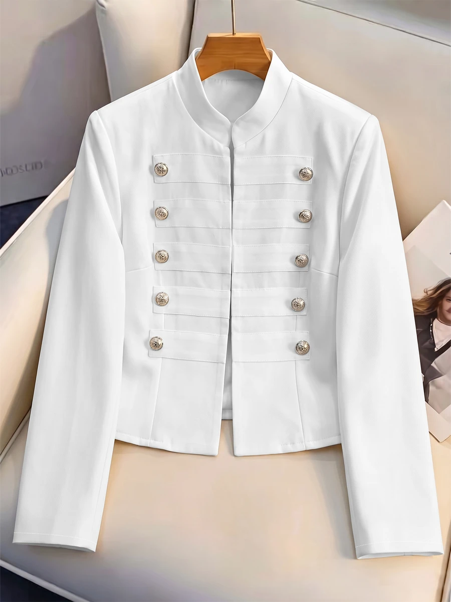 Franclia White Vintage Napoleon Jacket For Women, Stand Collar Multi-Row Metal Button Short Jacket, Elegant Court Style Long Sleeve Short Coat - White - View 1