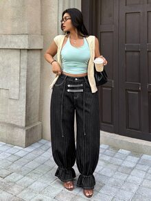 Rivivi Plus Size Women Non-Stretch Denim Cuffed Deep Blue Striped Lantern Pants Cowboy Outfits For Women - Black - View 6