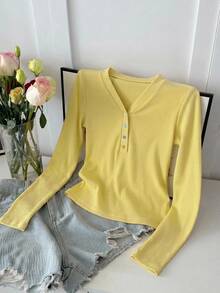 DAZY Women's Slim Fit Long Sleeve T-Shirt With Pale Yellow Button Decoration, Spring Summer Autumn Everyday Casual - Yellow - View 6