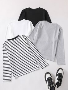 SHEIN Vacaura 4-Pack Long Sleeve T-Shirts Multipack, Casual Minimalist Solid Color & Horizontal Striped Crew Neck Pullover Basic Tees Set,Fall Tops - Black and White - View 2