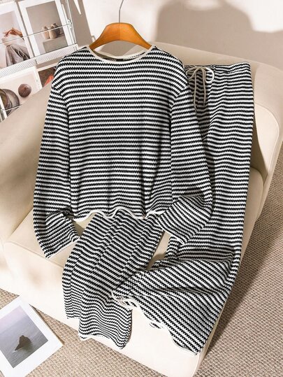 Story & Sage Women's Casual Home Vacation 2-Piece Set, Loose Fit Contrast Trim Striped Long Sleeve T-Shirt And Pants, Apricot White Khaki, Autumn/Winter Lounge