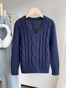 SHEIN 秋冬季青少年女孩優雅V領長袖麻花編織針織毛衣套頭衫，保暖舒適柔軟，適合節慶、學校、聖誕聚會 - 藏蓝色 - 查看 5