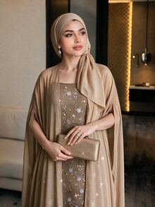Auveirra Plus Size 3D Embroidered Elegant Dress With Cardigan 2 Pieces Set - Brown - View 7