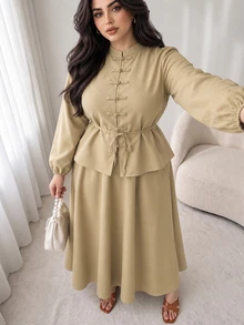 Solavon Plus Size Elegant Frog Button Long Sleeve Top And Long Skirt 2 Pieces Set - Khaki - View 7