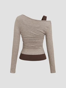 Sweetra Model Baru Fashion Wanita: Atasan Tank Top Rajut Elastis dengan Bahu Terbuka dan Warna Kontras, 2 in 1, Lengan Panjang, dengan Pinggang Berkerut dan Hem Warna Kontras - Khaki - View 2