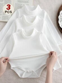SHEIN Ribbstickade bodysuits med hög hals för babypojkar, enfärgade vita långärmade bodysuits med hög hals, 3 st/pack - Vitt - Visa 1