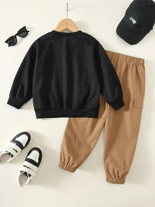 SHEIN 2件組兒童小男孩秋冬休閒圓領長袖套頭運動衫與長褲套裝，綠色 - 卡其色 - 查看 2