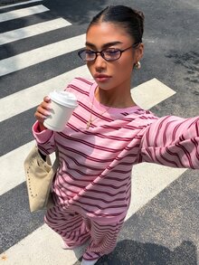 Muchica 女款條紋圓領落肩長袖運動衫與長褲休閒兩件套 - 彩色 - 查看 4