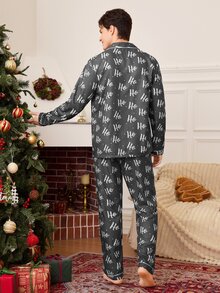 CoupledUp Christmas Personalized Ho Letter All-Over Print Men's Pajamas, Dark Gray Lapel Button Long Sleeve Long Pants 2 Pieces Set - Grey - View 4