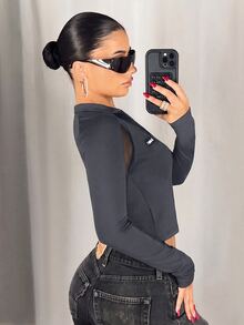 SHEIN ICON 網格拼接小立領前拉鍊修身長袖T恤 - 深灰色 - 查看 2
