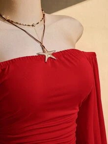 SHEIN ICON 女款大尺碼復古性感休閒千禧風 Y2K 波希米亞風度假風 荷葉袖 抓褶腰 棕色修身露肩上衣 - 紅色 - 查看 7