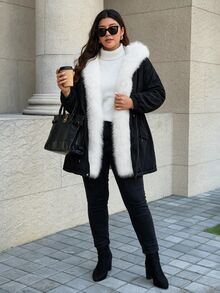 Easura Plus Size Autumn/Winter Long Sleeve Hooded Patchwork Faux Fur Padded Coat - Black - View 5