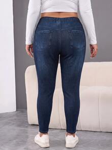 SHEIN CURVE+ 大尺碼休閒口袋鈕扣做舊設計修身長褲 日常穿著 2026 秋冬 22W - 藏蓝色 - 查看 2