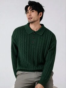 Claim Dot 男士純色粗繩編織 Polo 領休閒長袖套頭毛衣，秋冬款 - 墨綠色 - 查看 3