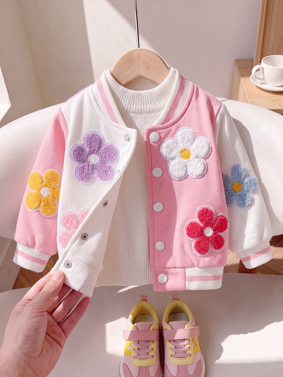 SHEIN Playful Pals Baby Girl Autumn/Winter Casual Sweet Cute Preppy Style Pink & White Colorblock Design 3D Plush Floral Applique Single-Breasted Ribbed Collar Drop Shoulder Baseball Jacket - Pink - View 1
