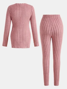 Tween Girl Tween Girl Casual Drop Shoulder Dream Ribbed Letter Embroidery Knit Pullover And Leggings, Pink Set, Autumn Winter Christmas - Pink - View 2