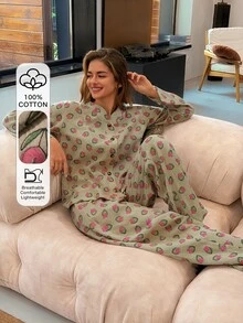 DAZY Women's Floral Print Button-Up Top And Pants Pajama Set - Khaki - View 1