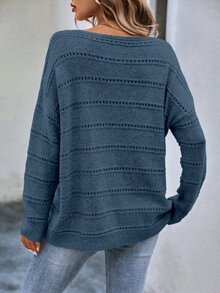 SHEIN LUNE Pointelle Knit Drop Shoulder Knit Pullover Fall Winter Sweater - Dusty Blue - View 2