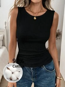 SHEIN LUNE 女款休閒秋冬棉質背心內搭上衣，旅行基礎上班穿搭可愛上衣，返校季適用 - 黑色 - 查看 1