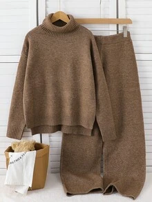 Teen Girl Solid Color High Neck Drop Shoulder Long Sleeve Sweater And Knit Pants Casual Set - Brown - View 1