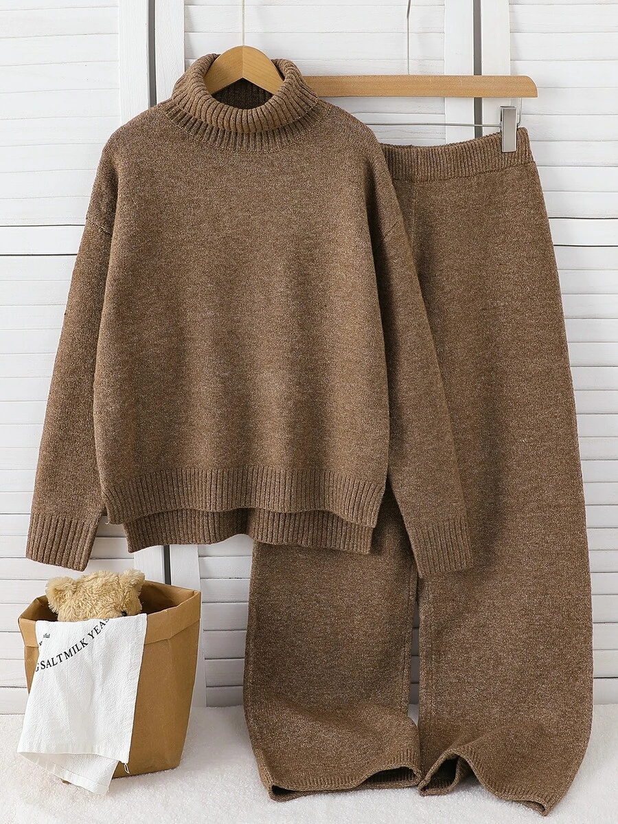 Teen Girl Solid Color High Neck Drop Shoulder Long Sleeve Sweater And Knit Pants Casual Set - Brown - View 1