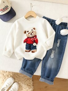 SHEIN 兒童小男孩休閒簡約時尚保暖舒適經典學院風熊圖案可愛款毛衣，適合秋冬 - 白色 - 查看 3