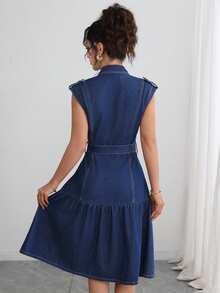 Elenzga Women's Loose Elegant Casual Commute Denim Dress - Dark Wash - View 2