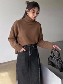DAZY 女款秋冬百搭休閒純色高領毛衣 - 咖啡棕 - 查看 6
