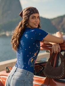 CAJUNI Women's Floral Leopard Print Round Neck Short Sleeve Casual Bodysuit - Navy Blue - View 3