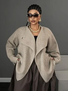 Maweii Plus Size Women's Autumn/Winter Brown Elegant Commute Knit Cardigan, Oatmeal Asymmetrical Asymmetric Button Lapel Two-Way Wear Knit Cardigan, Vintage Multicolor Ribbed Loose Design Slouchy Top - Khaki - View 3