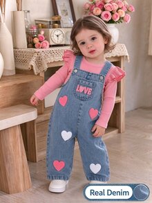 SHEIN 2pcs/Set Baby Girl 0-3 Years Spring/Autumn Rose Red Sweet Style Heart & English Embroidery Denim Jumpsuit, Solid Color Round Neck Flutter Sleeve T-Shirt, Simple Fashion, Suitable For Spring/Autumn, Perfect For Baby Daily Wear And Outings - Pink - View 1
