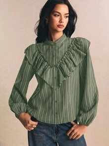 Poéselle 女款條紋長袖單排扣拼接荷葉邊時尚襯衫 秋冬休閒上衣 通勤上班外出穿搭襯衫 - 綠色 - 查看 8