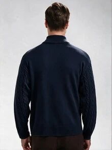 Manfinity Hypemode Áo len nam dệt vặn thừng cổ tròn tay dài phong cách thường ngày đa năng cho mùa thu - Xanh đậm - Xem 2