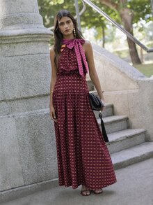 Nöista Women's All-Over Print Halter Neck Knot Detail Fashion Long Dress - Burnt Orange - View 3