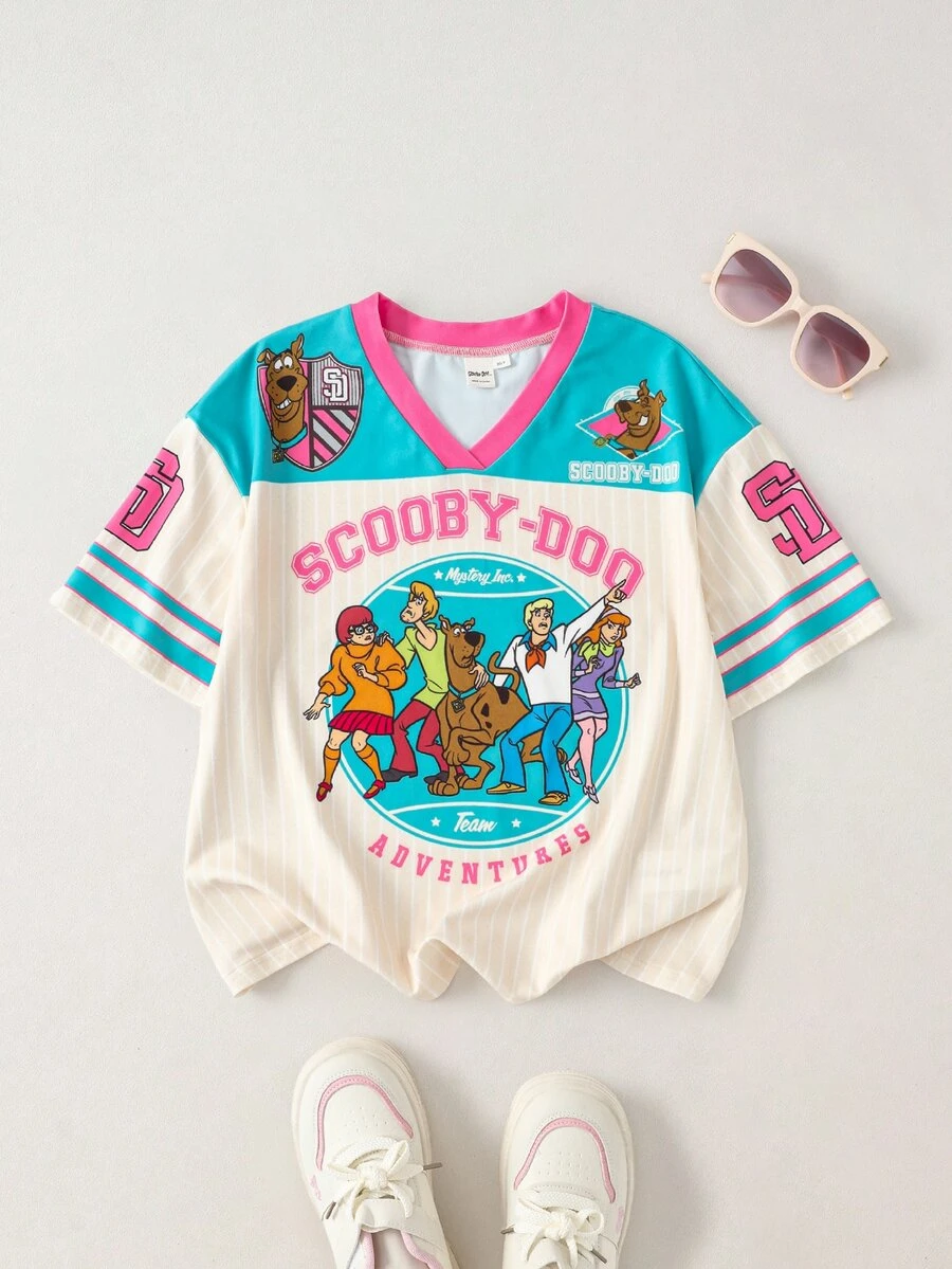 SCOOBY-DOO X SHEIN Tween Girl V-Neck Short Sleeve Casual T-Shirt Fall - Multicolor - View 1