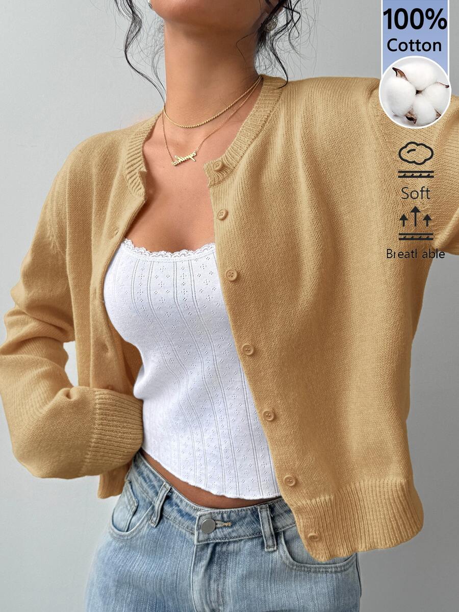 SHEIN BASICS 女款純色單排扣休閒百搭長袖開襟衫,適合日常外出、商務辦公、早午餐,米白色,秋季教師節 - 駝色 - 查看 1