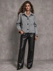 SHEIN Women's Houndstooth Contrast Color Lapel Cuff Wool Vintage Old Money Style Coat - Grey - View 4