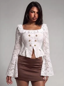Nooralise Vintage Y2K Sporty Court Style Square Neck Ruffle Lace Fabric Metal Button Slim Fit Mermaid Hem T-Shirt - White - View 5