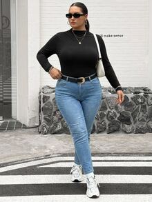 SHEIN CURVE+ Plus Size 22W Mock Neck Ruched Slim Fit Tee Fall - Black - View 7