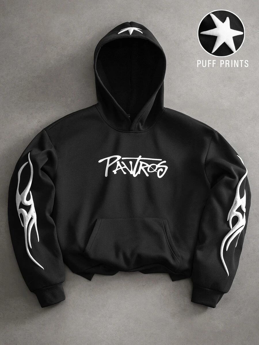 PAVTROS 男士連帽衫,泡棉印花與橡膠印花設計,街頭風英文印花,寬鬆版型,男士秋冬長袖連帽衫,衛衣布料,休閒舒適百搭,適合外出、街頭穿搭、旅行、度假、日常穿著等 - 黑色 - 查看 1
