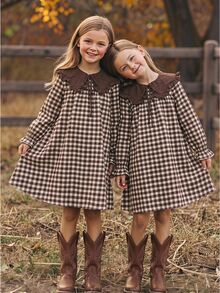 SHEIN Tween Girl Tween Girl Tween Girl Autumn/Winter Daily Pastoral Plaid Patchwork Peter Pan Collar Dress - Brown - View 1