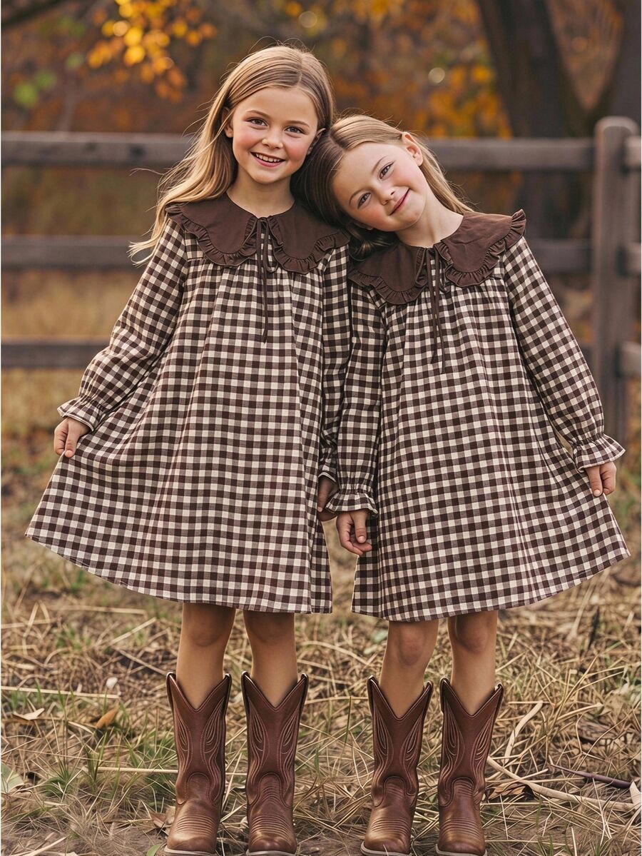 SHEIN Tween Girl Tween Girl Tween Girl Autumn/Winter Daily Pastoral Plaid Patchwork Peter Pan Collar Dress - Brown - View 1