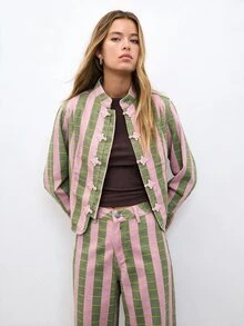 Nöista Women's Striped Button-Front Long Sleeve Casual Denim Jacket - Khaki - View 7